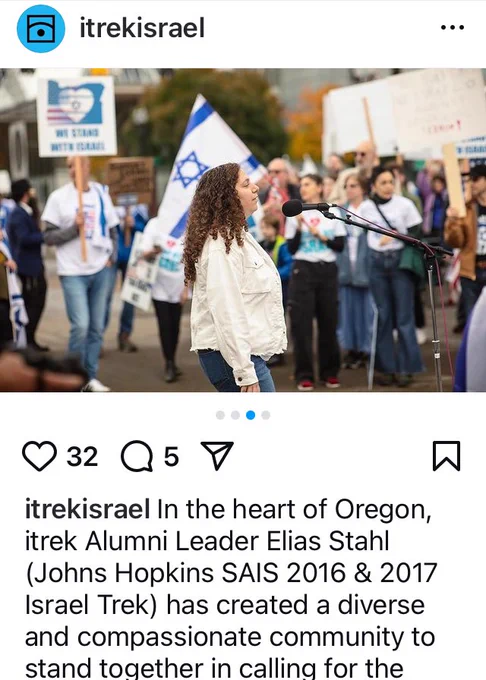 @itrekisrael (IG post): In the heart of Oregon, itrek Alumni Leader Elias Stahl (Johns Hopkins SAIS 2016 & 2017 Israel Trek) has created a diverse and compassionate community to stand together in callina for the… next image