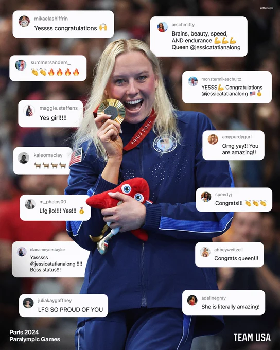 Jessica Long smiling with her gold medal surrounded by a lot of positive Instagram comments from sports legends congratulating Jessica.