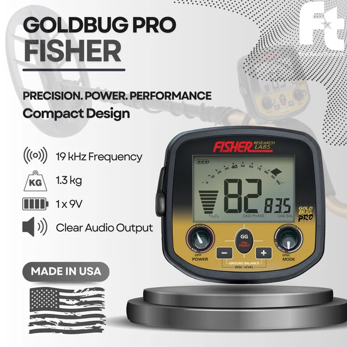 The Fisher Gold Bug® Pro is a high-performance metal detector designed for gold prospecting and treasure hunting. With its 19kHz frequency and advanced ground balancing system, it excels in detecting small gold nuggets in highly mineralized soils. Equipped with a 5" DD searchcoil for precision and optional 11" coil for deeper penetration, it's perfect for both beginners and professionals. Lightweight at 2.5 lbs, it offers easy handling and portability. The intuitive display and adjustable sensitivity make it versatile for any terrain, providing clear audio feedback on ferrous and non-ferrous targets.