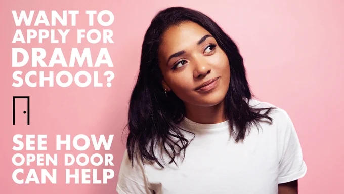 Want to apply for drama schoo? See how Open Door Can Help door logo photo of performer in front of pink background