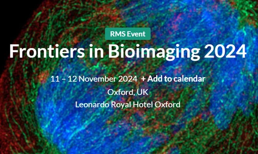 Promotional image for Frontiers in Bioimaging 2024. White text giving event name and date (11-12 Nov) over biological micrograph with blue, green and red colours prominent.