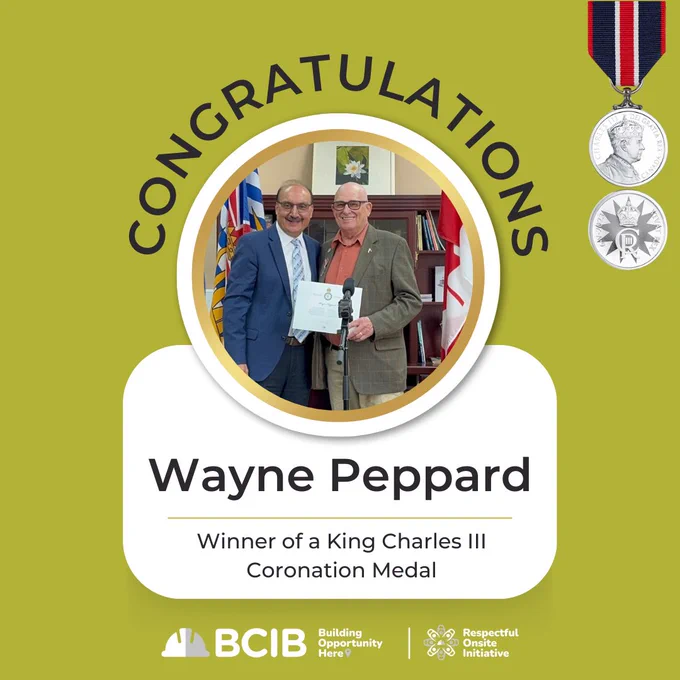 Image showing Wayne Peppard receiving the King Charles III Coronation Medal from an official, both smiling, in a decorated room. BCIB logo with the ROI logo are present.