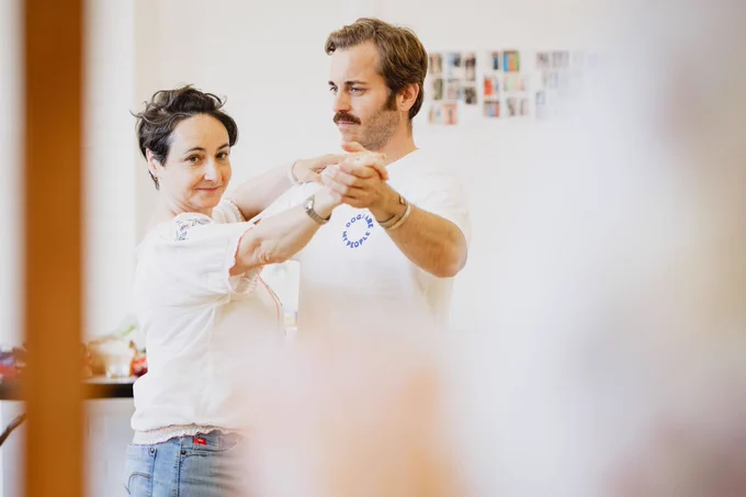 Two actors practice dancing in rehearsals for Abigail's Party
