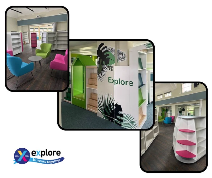 A trio of photos showing the inside of the new Explore library at Clifton, including bookcases, and a table and chairs.