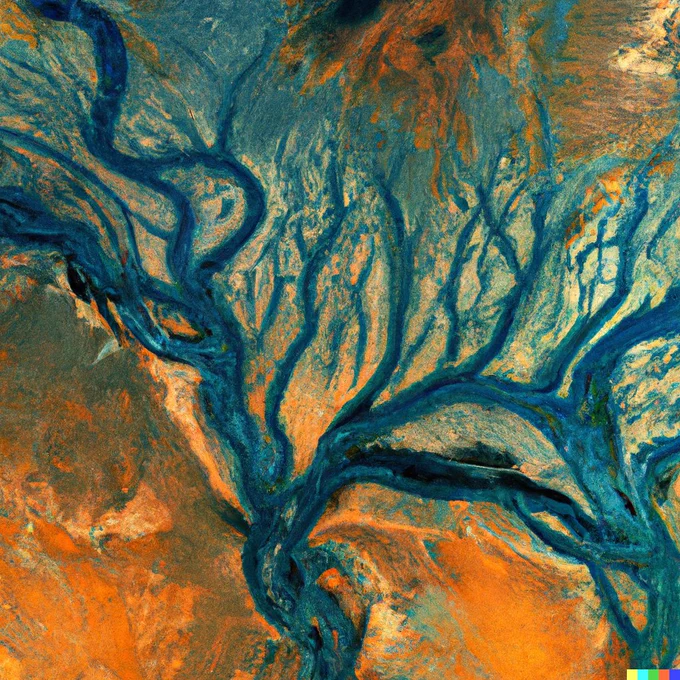 View of a river from space. AI-generated image using DALL-E.