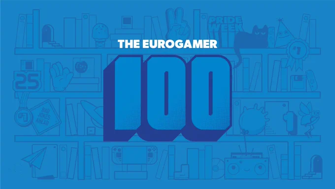 The Eurogamer 100 artwork showing its title against a bookshelf full of gaming items and memorabilia. 