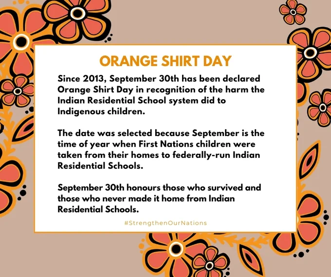 TW: readers may be triggered by the recount of Indian Residential Schools. To access a 24h National Crisis Line: 1-866-925-4419.

September 30th recognizes both #OrangeShirtDay & #NationalDayForTruthAndReconciliation.

We encourage everyone on Turtle Island to wear orange.
