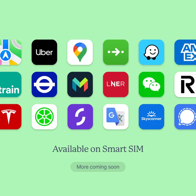 A graphic showing some of the apps available on Smart SIM, including Citymapper, Google Maps, Monzo, Google Translate and Lime. Text reads "Available on Smart SIM - More coming soon". 