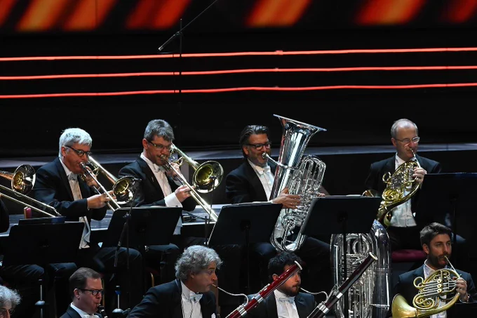 The brass section of the Bavarian Radio Symphony Orchestra perform on the Royal Albert Hall stage.