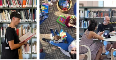 Photo collage of people from different age groups reading books in a library setting