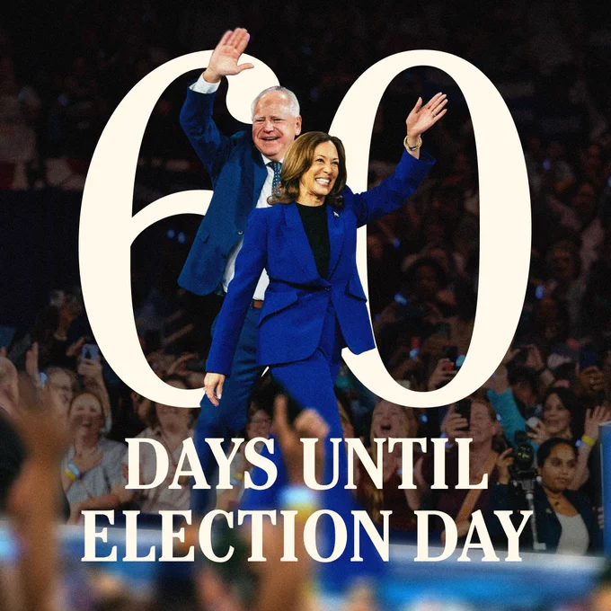 Vice President Kamala Harris and Governor Tim Walz smiling and waving to a crowd, with text overlaid reading "60 Days Until Election Day."
