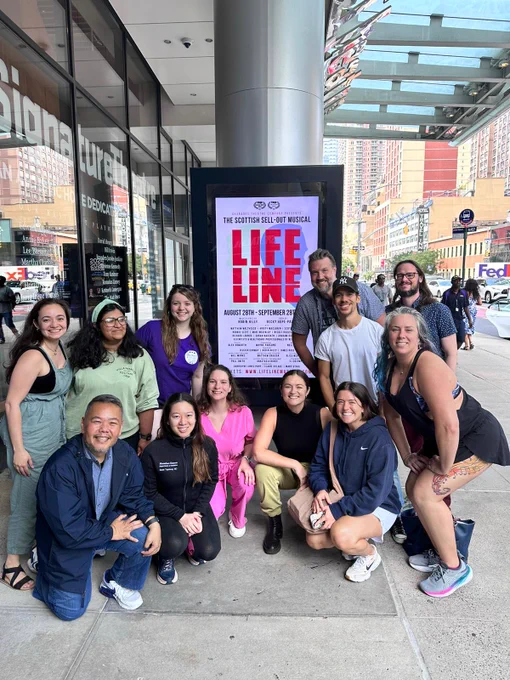 Dr. Sarah Tupchong, bottom row, 2nd from left, with fellow chorus members of Lifeline the Musical outside the Signature Theater off-Broadway. 