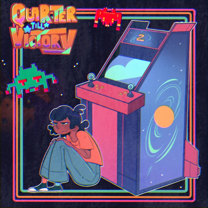 a person with an orange shirt and blue jeans sitting on the floor leaning against a classic arcade cabinet. it has two sets of controls and the number "2" at the top of the machine. the title Quarter Till Victory in the top left of the frame.

art by E Gonzalez https://erinegonzalez.squarespace.com/