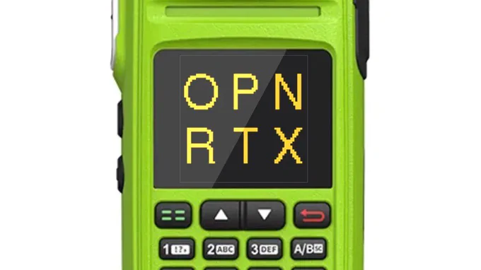 Picture of a Talkpod A36plus MAX handy talky, with the OpenRTX logo on the screen.