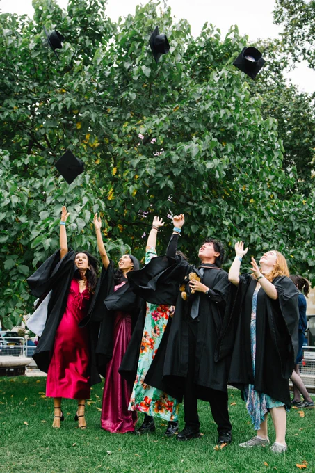 A group of graduating students throwing their caps into the air