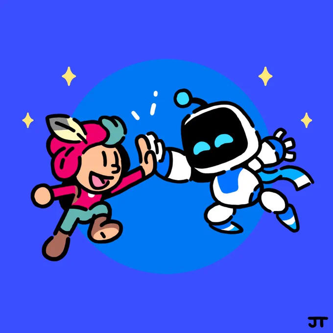 Dynamic duo doing a high five - Astro Bot and The Plucky Squire, Astrojot, if you will. Illustrated by James Turner