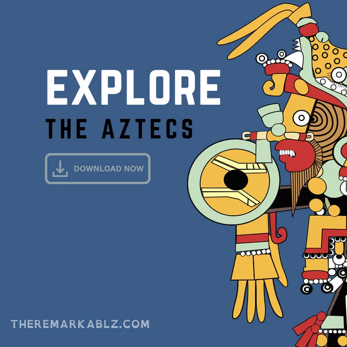 dark blue grey background with a drawing of an aztec god in shades of yellow, green and earthy brown. Text reads: Explore the Aztecs