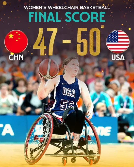 A final score graphic with the scoreboard showing USA leading 50-47 over China in the women’s wheelchair basketball semifinal game at the 2024 Paris Paralympic Games.