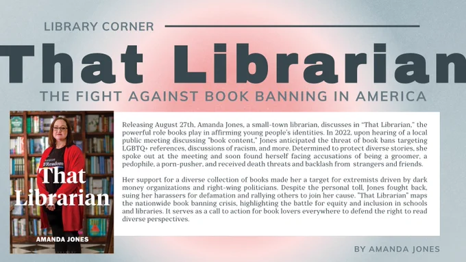 Blue background with gradient pink circle in the center. That Librarian book cover (a photo of Amanda Jones in front of a library bookshelf) on top of white box with blue text.
