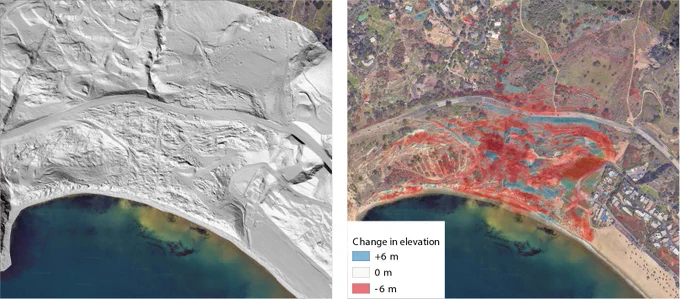 OpenTopography topographic differencing with NOAA lidar shows how the Earth’s surface changed from 2010-2014. The left image shows a lidar hillshade. In the right image, the difference between the 2010 and 2014 datasets is shown. Red indicates where the land surface moved down or was eroded. Blue shows where the land surface moved up or where material was deposited. Topographic analysis of these older lidar datasets indicates that landslide activity has been persistent in this area for decades. 
