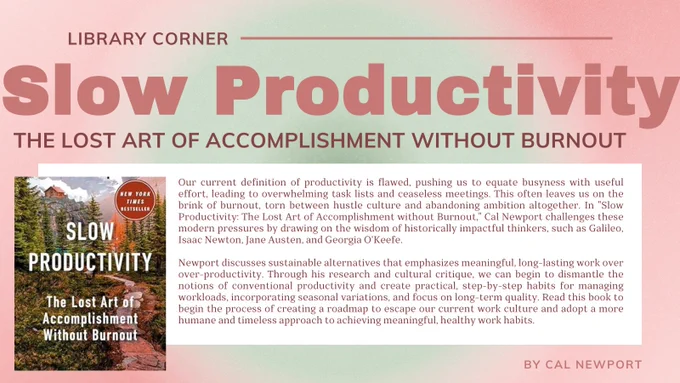 Pink background with gradient green circle in the center. Slow Productivity book cover (nature background) on top of white box with pink text.
