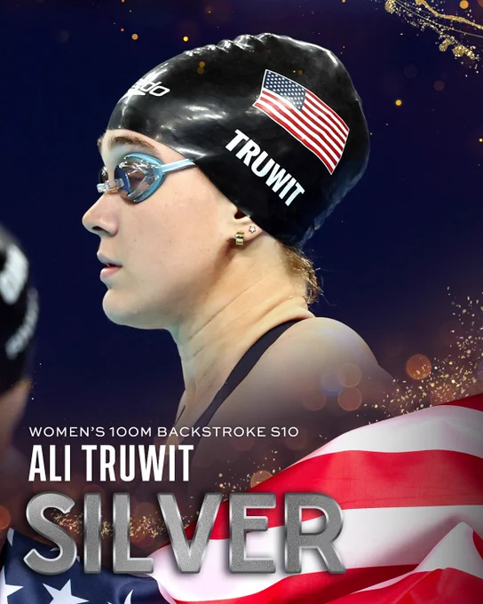 A medal graphic celebrating Paralympian Ali Truwit's silver medal in the para swimming women's 100m backstroke S10 at the 2024 Paris Paralympic Games.