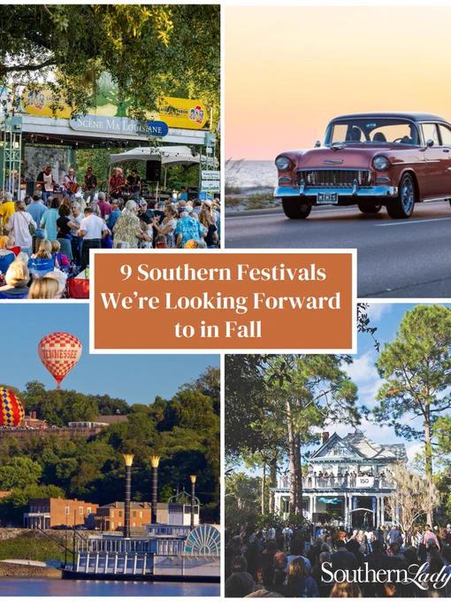 A tiled image with pictures of the Festivals Acadiens et Creoles in Lafayette, LA; Cruisin’ the Coast in Mississippi; the Natchez Balloon Festival; and Jacksonville’s PorchFest overlaid with the text “9 Southern Festivals We’re Looking Forward to in Fall.” 