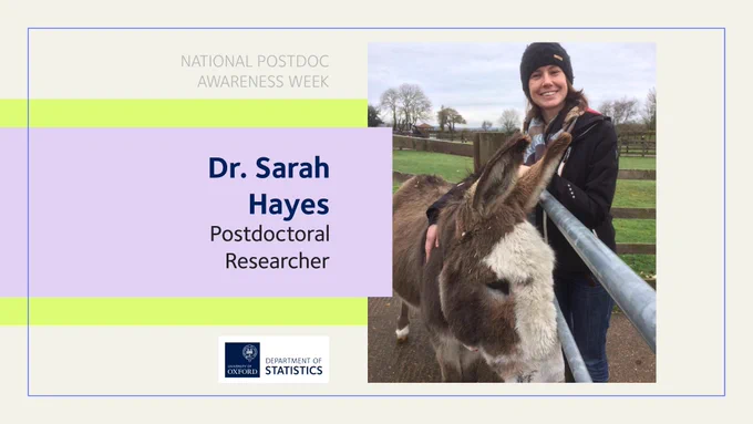 A rectangle graphic with a portrait of a white female academic with light brown hair smiling at the camera. She is stood next to a brown donkey with a cream face, wearing a black beanie, black coat, a multi-coloured stripe scarf, and jeans. To the left of the portrait is dark blue text on a light purple/lilac background, it reads: “Dr. Sarah Hayes” in dark blue text, followed by “Postdoctoral Researcher” in dark grey text. At the bottom of the graphic is the Department of Statistics logo.