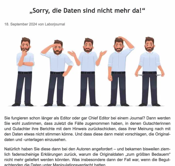 Comiczeichnung eines Mannes in fünf verschiedenen Posen des Nachdenkens und Entschuldigens. Darüber Überschrift "Sorry, die Daten sind nicht mehr da!" des im Post verlinkten Artikels. Darunter angeschnitten die ersten Zeilen des Artikeltexts.