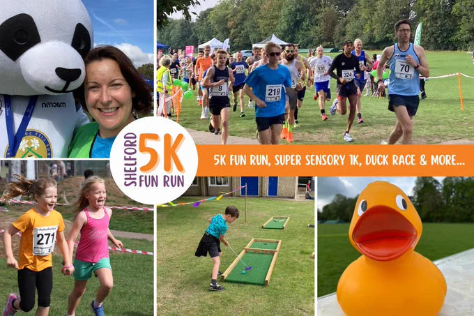 Grid of photos: Cambridge City FC mascot, runners setting off, children running holding hands, boy playing mini golf & a rubber duck