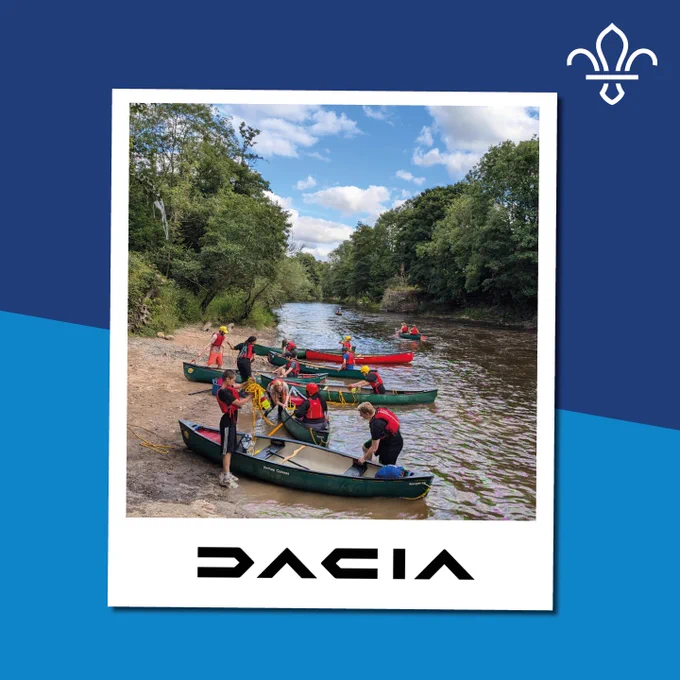 Group of people canoeing on a river, with the Dacia logo displayed at the bottom.