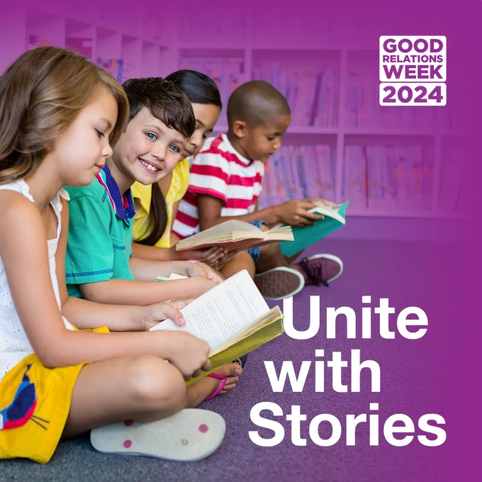 poster with image of children sitting reading books, text states unite with stories and good relations week 2024