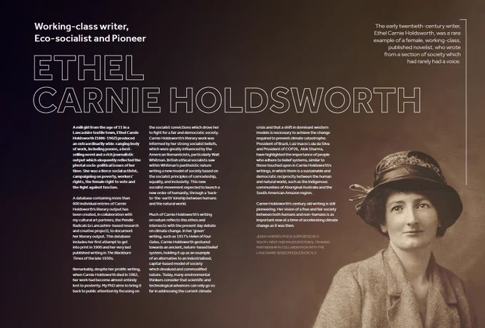 Article by PhD researcher Jenny Harper entitled Ethel Carnie Holdsworth: Working-class writer, Eco-socialist and Pioneer. Includes a black and white image of Holdsworth. 