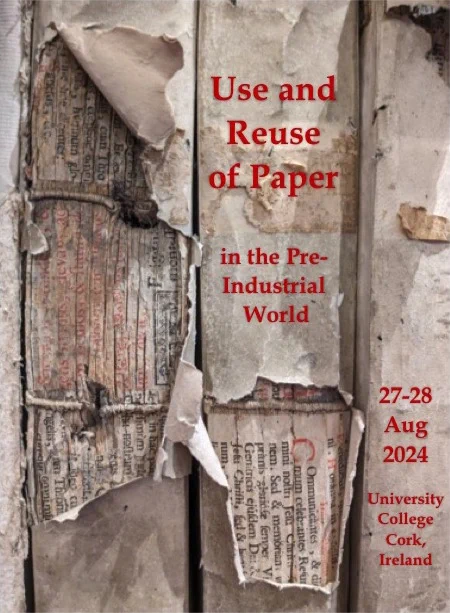 Poster for colloquium Use and Reuse of Paper in the Pre-Industrial World, held 27-18 Aug 2024 at UCC Cork/Ireland (c) Silvia Hufnagel and Beeke Stegmann; featuring the damaged spines of three books, allowing to see the reused printed waste paper in the spine