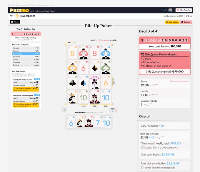 A screenshot of the game PIle-Up Poker running on Puzzmo