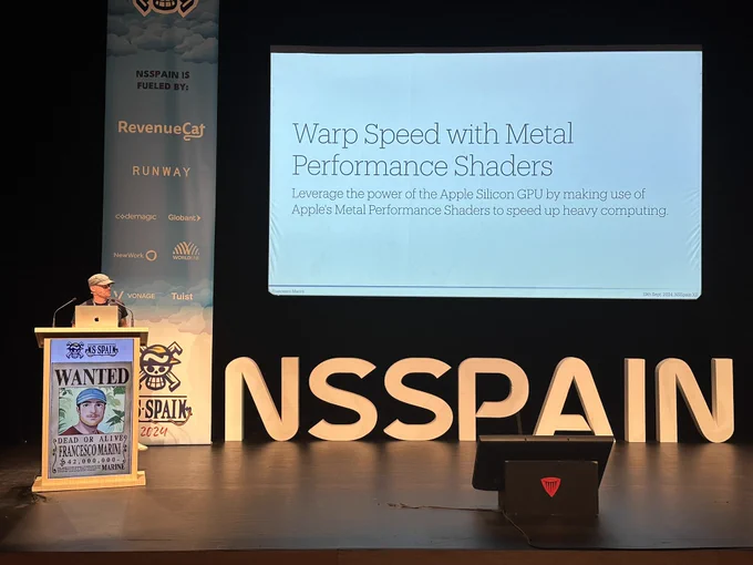 Francesco Marini giving a talk on "Warp Speed with Metal Performance Shaders"