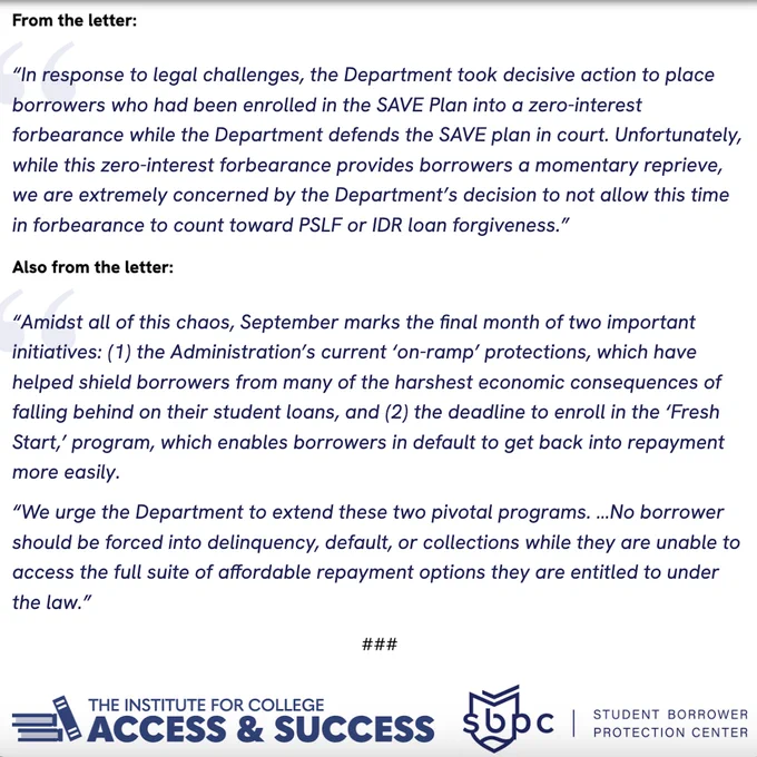 screenshot of linked press release quotes from the above letter beginning siwht “In response to legal challenges," to ..."to count toward PSLF or IDR loan forgiveness.”

and  from “Amidst all of this chaos, ..." to ..." repayment options they are entitled to under the law.”