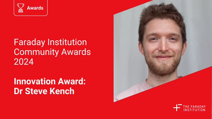 A social media card for Faraday Institution Community Awards 2024 – Innovation Award: Dr Steve Kench.