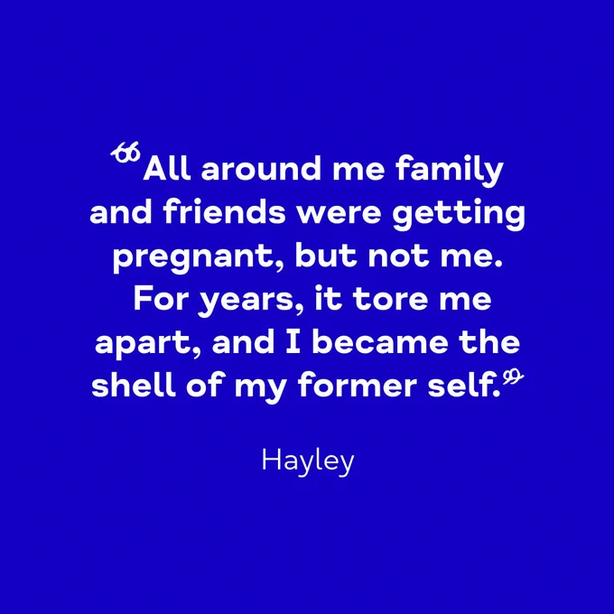In bold white print on a dark blue background it says: ‘All around me family and friends were getting pregnant, but not me. For years, it tore me apart, and I became the shell of my former self.’ At the bottom in light type, it says Hayley.
