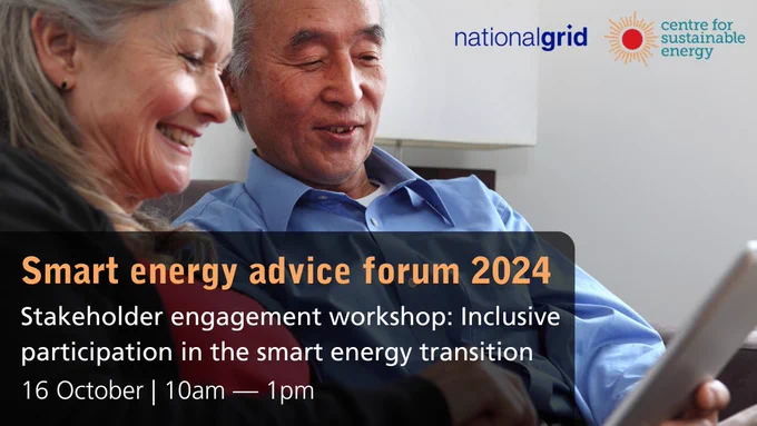 An older man and woman sat on a sofa, smiling as they look at a tablet. Text reads 'Smart energy advice forum 2024'