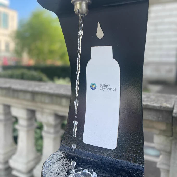 Water running at Water Station outside Belfast City Hall.