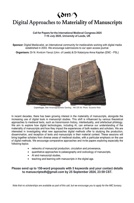 Call for papers, a poster, text of the call and an image of a manuscript. 