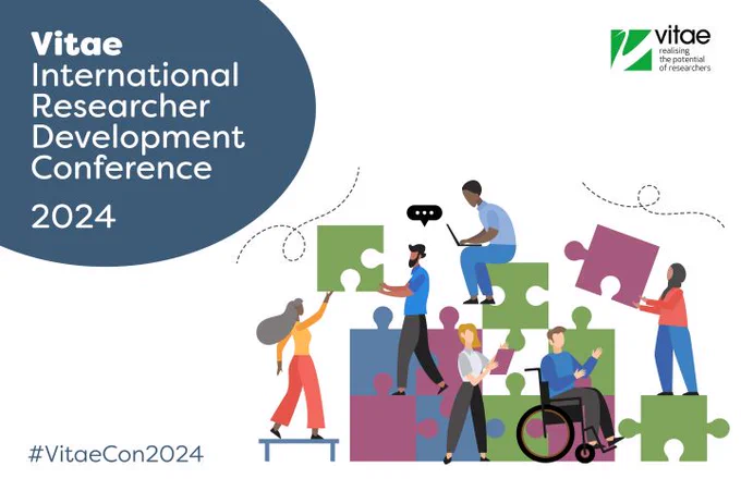 The Vitae conference logo of cartoon people building a giant jigsaw puzzle. 