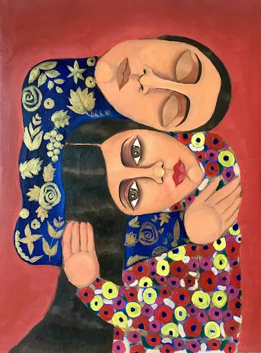 Artwork by Malak Mattar: “You and I
You are beautiful like a liberated homeland
I am exhausted like a colonized homeland”
This beautiful vibrantly coloured painting depicts two figures embracing, their cheeks resting on each other. Both figures face the viewer; one has their eyes open, the other closed