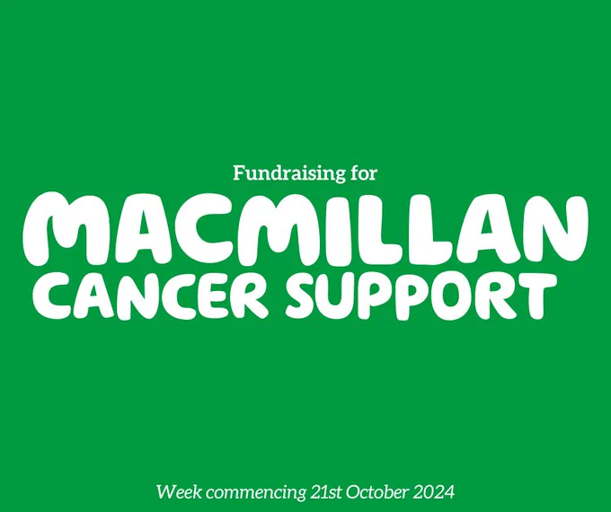Did you know that Macmillan Cancer Support provides essential services to people affected by cancer? From providing expert advice and emotional support to offering practical help at home, Macmillan is there for individuals and families during their toughest times.

They offer a range of services, including cancer information, helplines, and support groups, ensuring no one has to face cancer alone. By donating or volunteering, you can play a vital role in helping those impacted by this disease. Every contribution, no matter how small, can make a significant difference in someone's life.

Join us in supporting Macmillan Cancer Support during the week of October 21st. We’ll be raising funds for this vital charity. If you’d like to make a donation, please visit: https://donation.macmillan.org.uk/?gad_source=1&gclid=EAIaIQobChMIoayzqaHHiAMV5pZQBh2sXhITEAAYASAEEgJ-ffD_BwE&gclsrc=aw.ds
