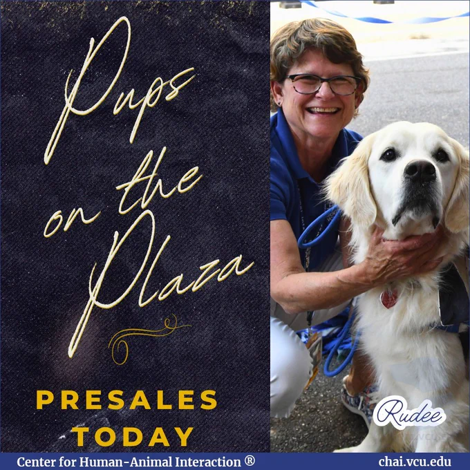 Image Description: A handler and Rudee the English Cream Golden Retriever are on the left side of the graphic. Text on the right reads: Pups on the Plaza, Presales Today.