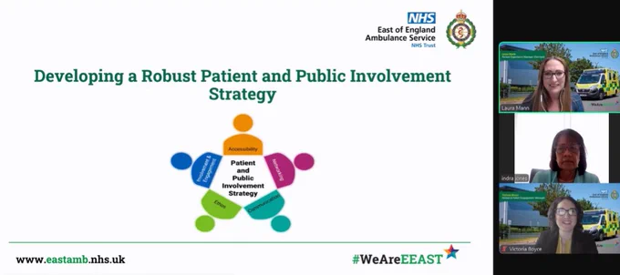 A screenshot of a teams meeting with three people presenting with the title 'Developing a robust patient and public involvement strategy'.