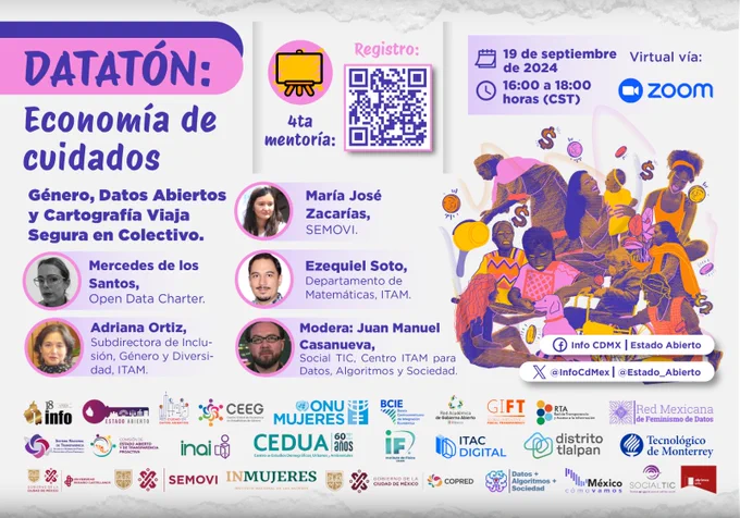 #México |

¡Cuida a quienes cuidan con #DatosyCuidados! 👩🏽‍🦱👩🏾👵🏾

✨ Únete a la última mentoría del Datatón: Economía de Cuidados ✨

📊🧺 Hablarán de #Género, #DatosAbiertos y Cartografía Viaja Segura en Colectivo

🗓️ 19 sept. 2024 - 🕓 16-18 h

📋 Regístrate ➡️ bit.ly/3Xw5jtU