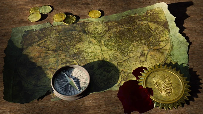 image description: image shows an old map of the world showing two hemispheres.  The map is old and stained and has torn edges.  It sits on a wooden table, with some gold coins scattered over the top of the map.  A compass sits on top of the map in the bottom left corner, and to the right is a gold medallion in the shape of the sun with a skull etched out as decoration in the middle.
