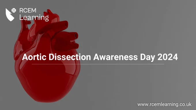 ID: White shield with a lightning bolt in the middle, it has a poppy on the right side, next to the words: RCEMLearning in white - Logo

A 3-D red rendering of a heart in the left hand corner with a grey background. 

Alt Text: Aortic Dissection Awareness Day 2024. 
